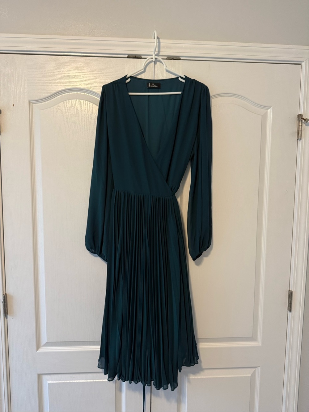 Lulu's Deep Teal Long-Sleeve Pleated Wrap Dress